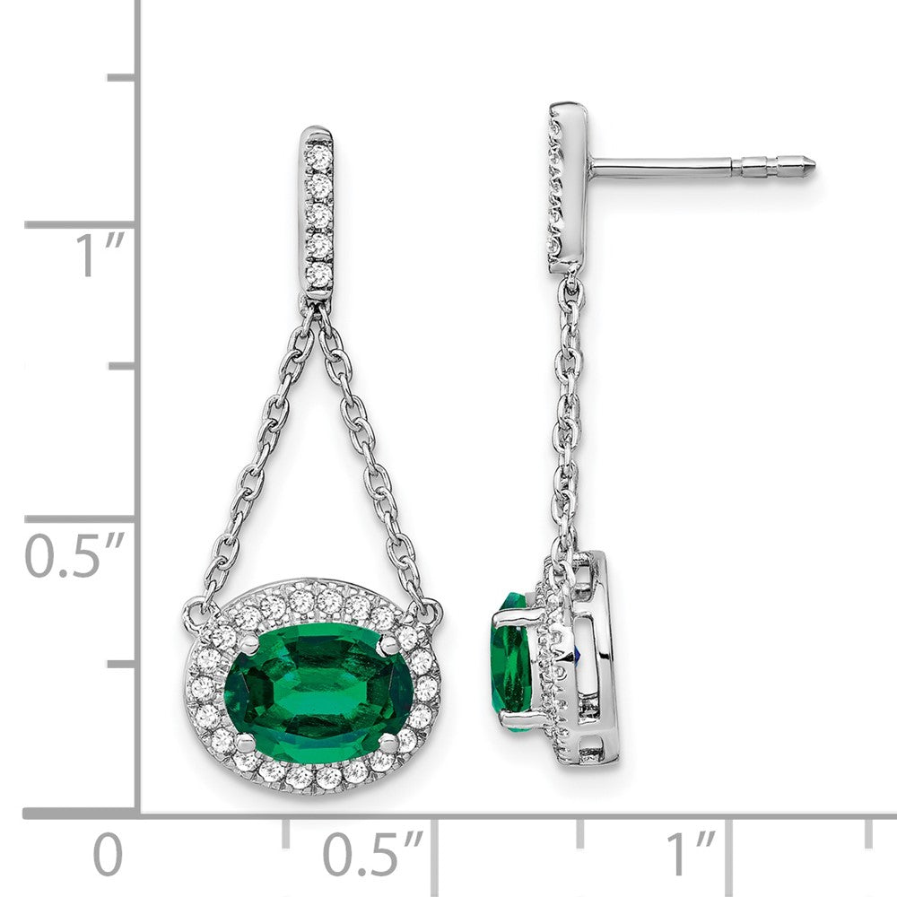 14k White Gold Oval Created Emerald and Real Diamond Dangle Earrings