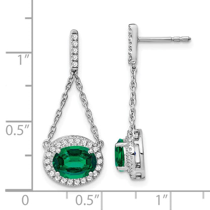 14k White Gold Oval Created Emerald and Real Diamond Dangle Earrings