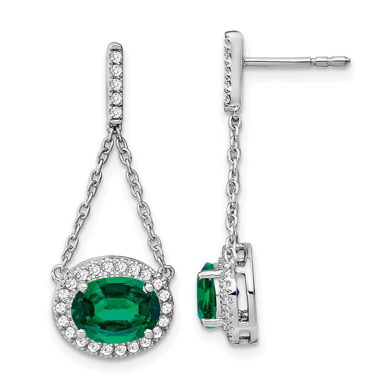 14k White Gold Oval Created Emerald and Real Diamond Dangle Earrings