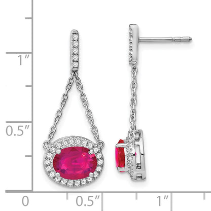 14k White Gold Oval Created Ruby and Real Diamond Dangle Earrings