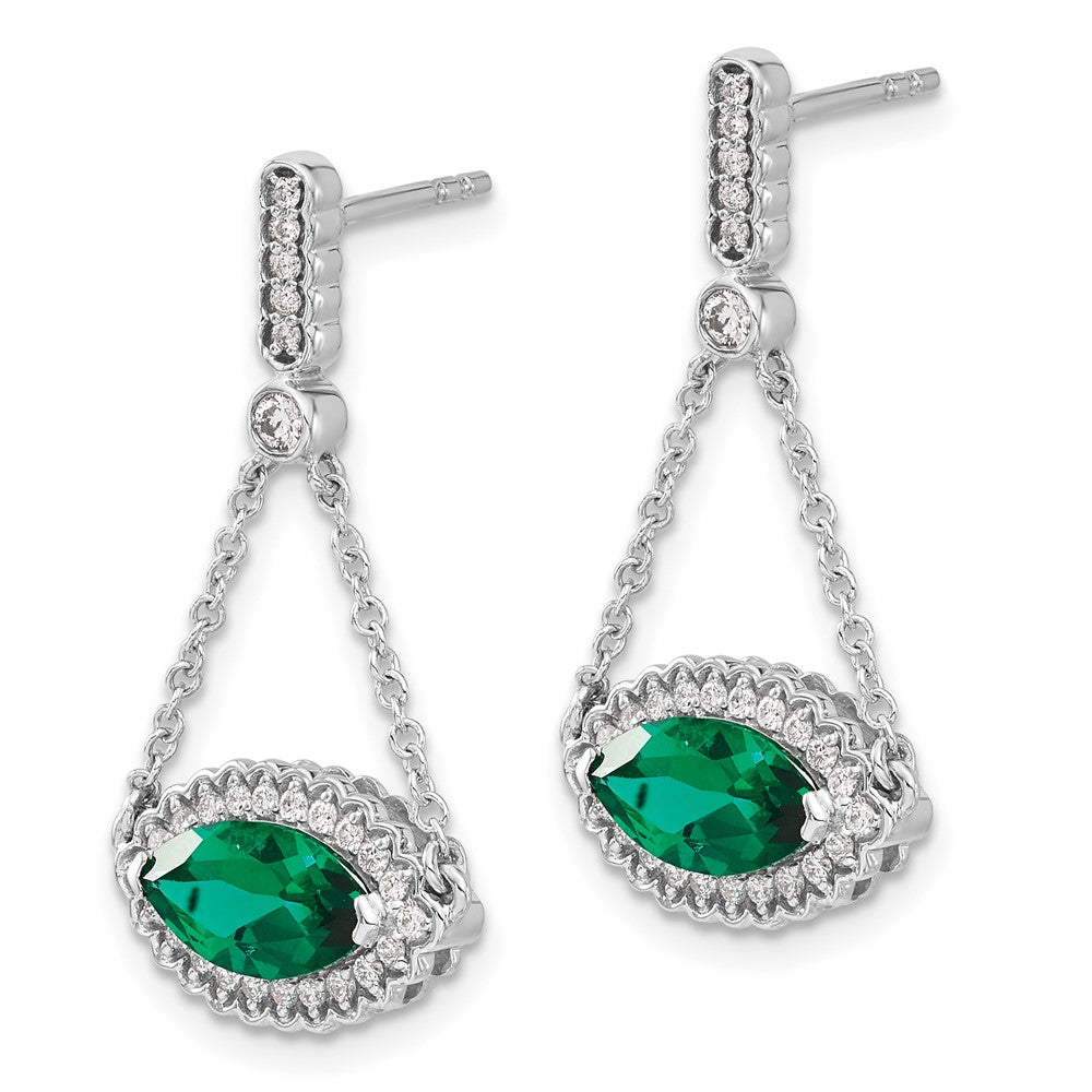 14k White Gold Marquise Created Emerald and Real Diamond Earrings