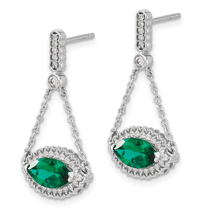 14k White Gold Marquise Created Emerald and Real Diamond Earrings