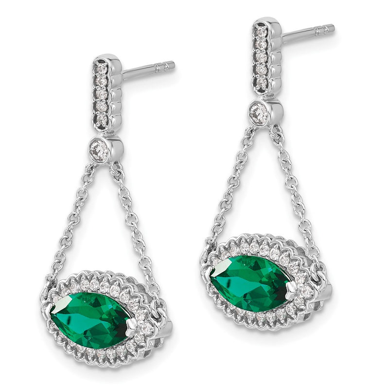 14k White Gold Marquise Created Emerald and Real Diamond Earrings