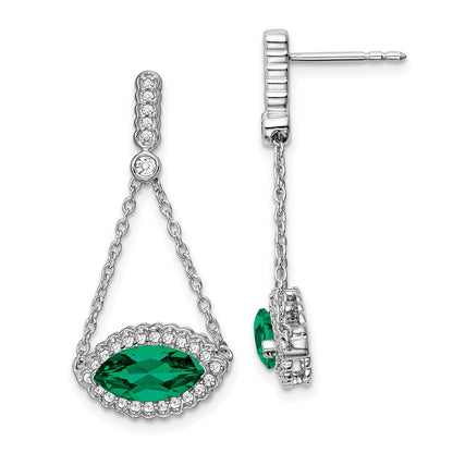 14k White Gold Marquise Created Emerald and Real Diamond Earrings