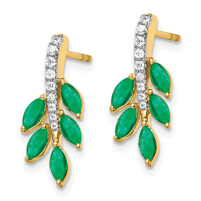 14k Yellow Gold Emerald and Real Diamond Leaf Earrings