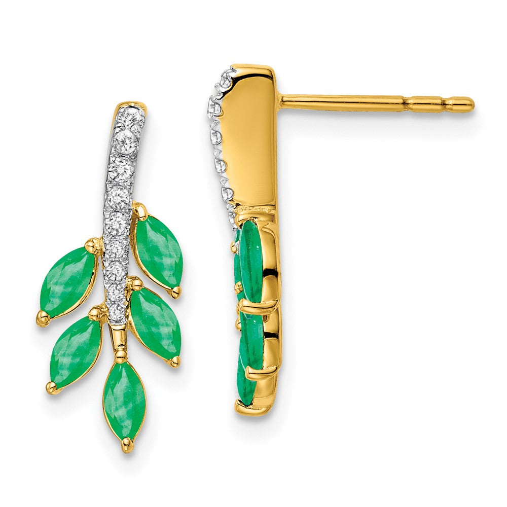 14k Yellow Gold Emerald and Real Diamond Leaf Earrings