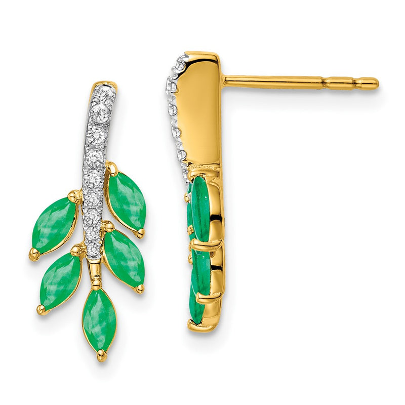 14k Yellow Gold Emerald and Real Diamond Leaf Earrings