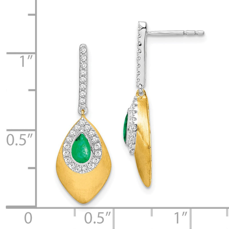 14k Yellow Gold Two-tone Emerald and Real Diamond Dangle Earrings