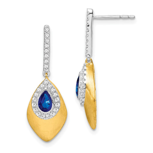 Solid 14k Two-tone Simulated Sapphire and CZ Dangle Earrings
