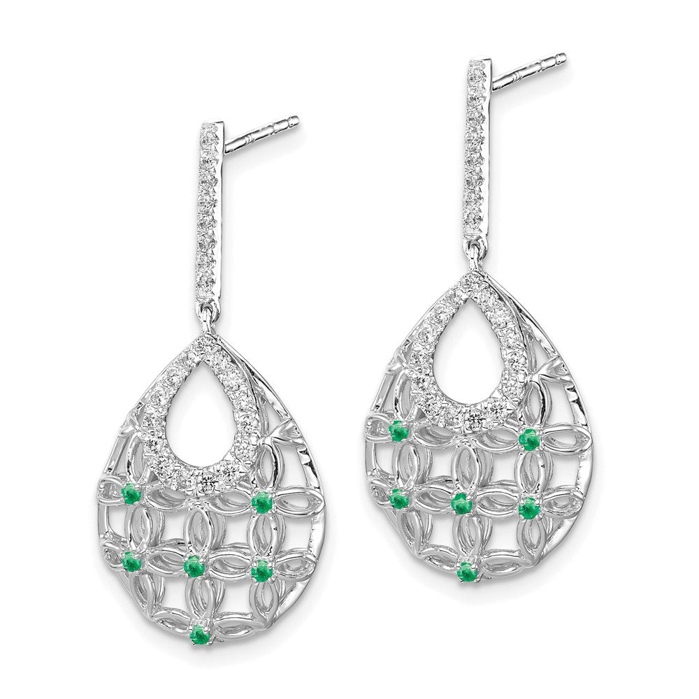 14k White Gold Emerald and Real Diamond Dangle Earrings