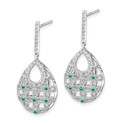 14k White Gold Emerald and Real Diamond Dangle Earrings