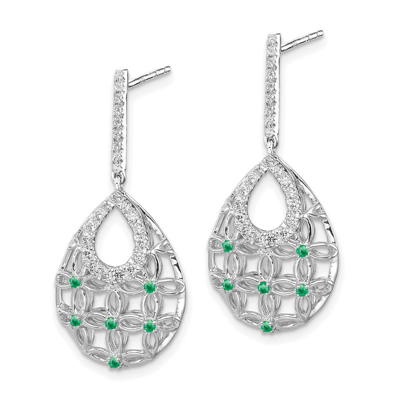 14k White Gold Emerald and Real Diamond Dangle Earrings