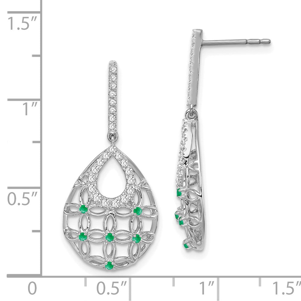 14k White Gold Emerald and Real Diamond Dangle Earrings
