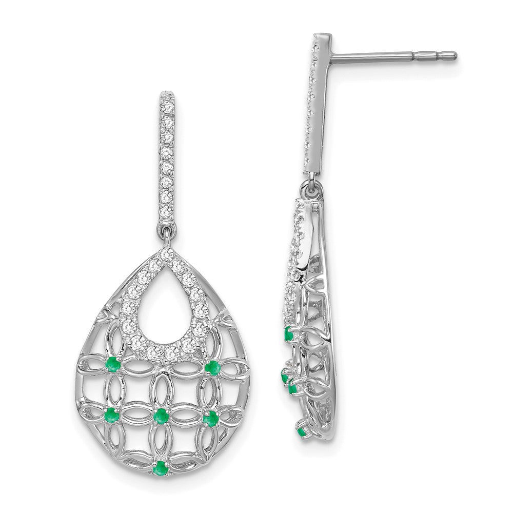 14k White Gold Emerald and Real Diamond Dangle Earrings