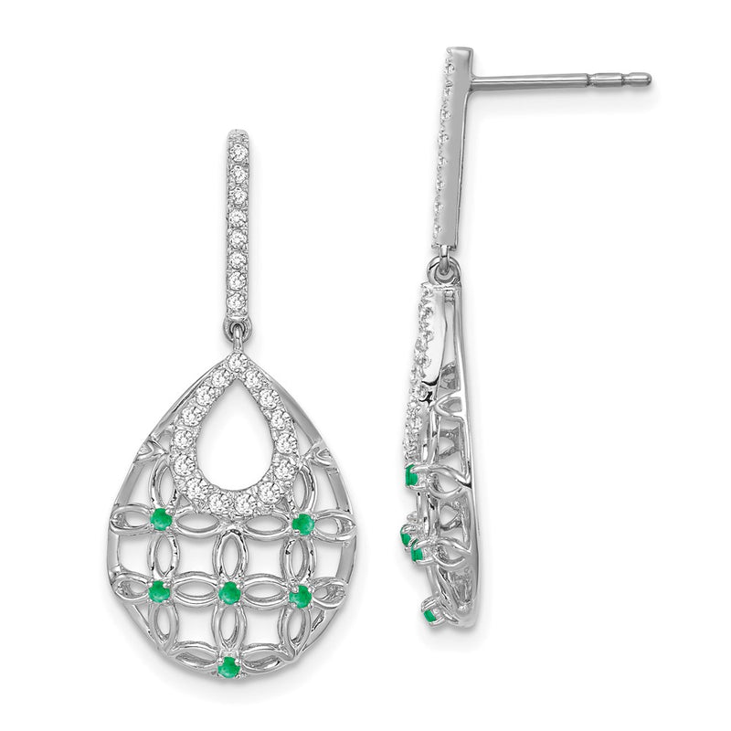14k White Gold Emerald and Real Diamond Dangle Earrings