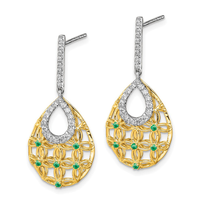 14k Yellow Gold Emerald and Real Diamond Dangle Earrings