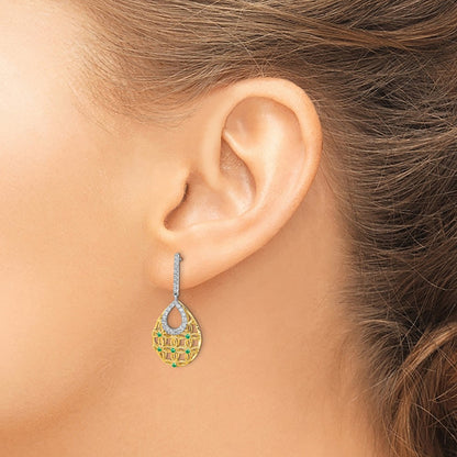 14k Yellow Gold Emerald and Real Diamond Dangle Earrings