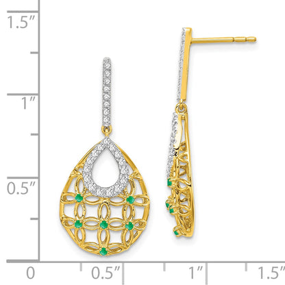14k Yellow Gold Emerald and Real Diamond Dangle Earrings