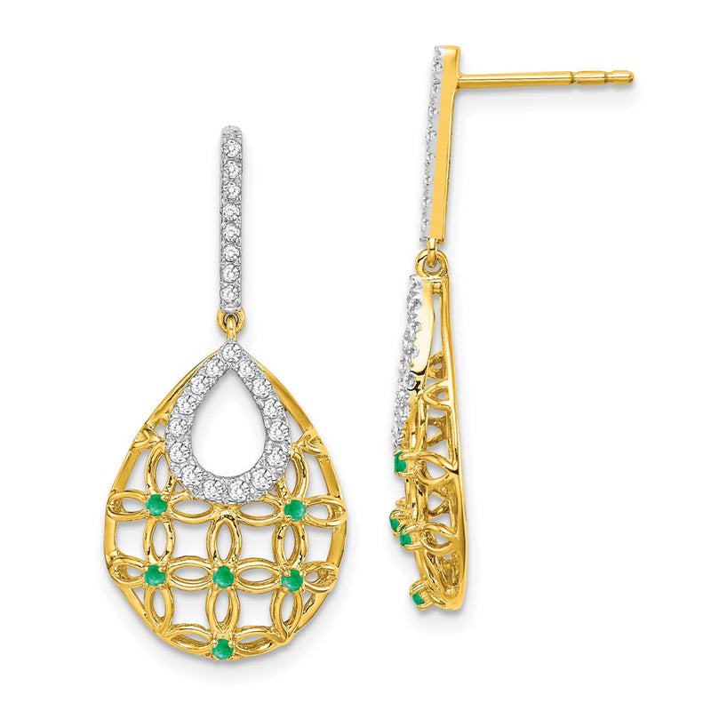 14k Yellow Gold Emerald and Real Diamond Dangle Earrings