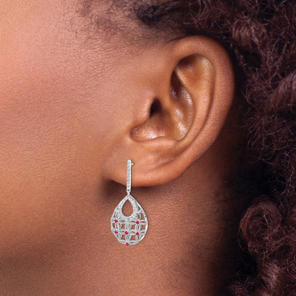14k White Gold Ruby and Real Diamond Dangle Earrings