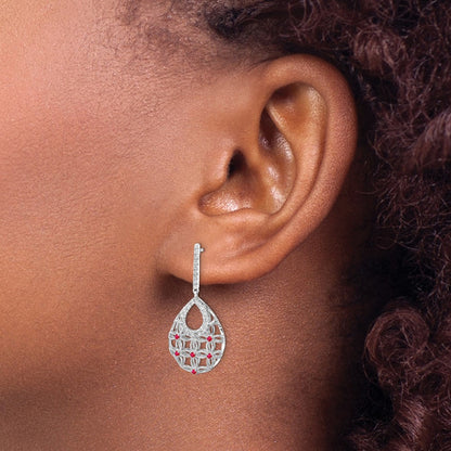 14k White Gold Ruby and Real Diamond Dangle Earrings