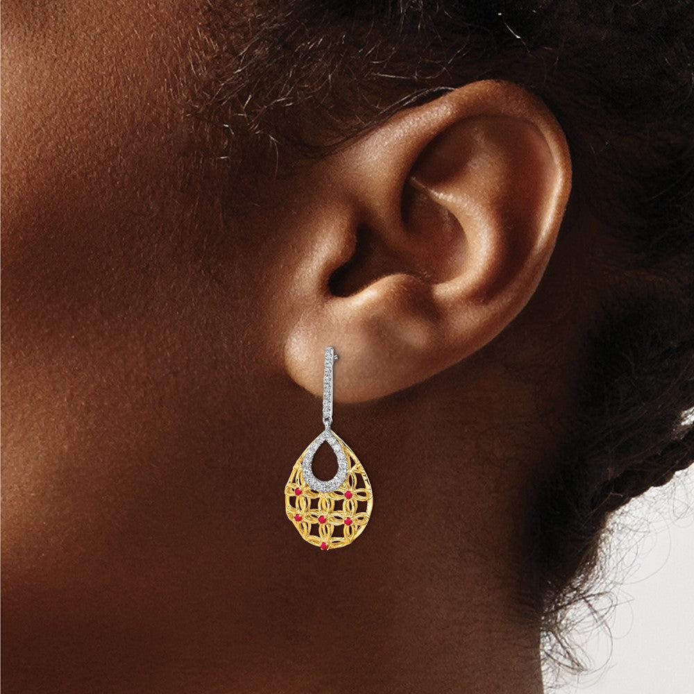 14k Yellow Gold Ruby and Real Diamond Dangle Earrings