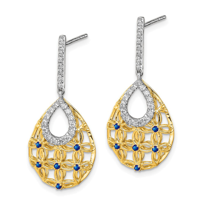 14k Yellow Gold Sapphire and Real Diamond Dangle Earrings