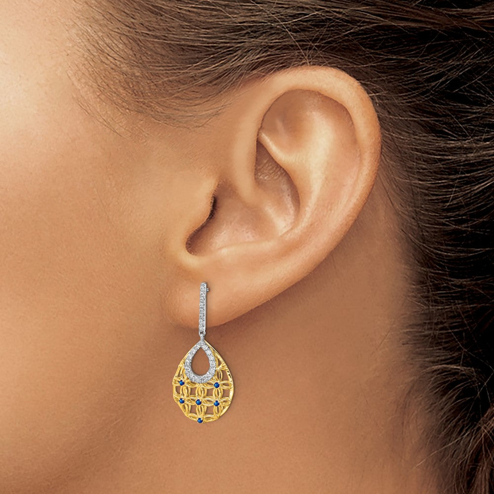 14k Yellow Gold Sapphire and Real Diamond Dangle Earrings