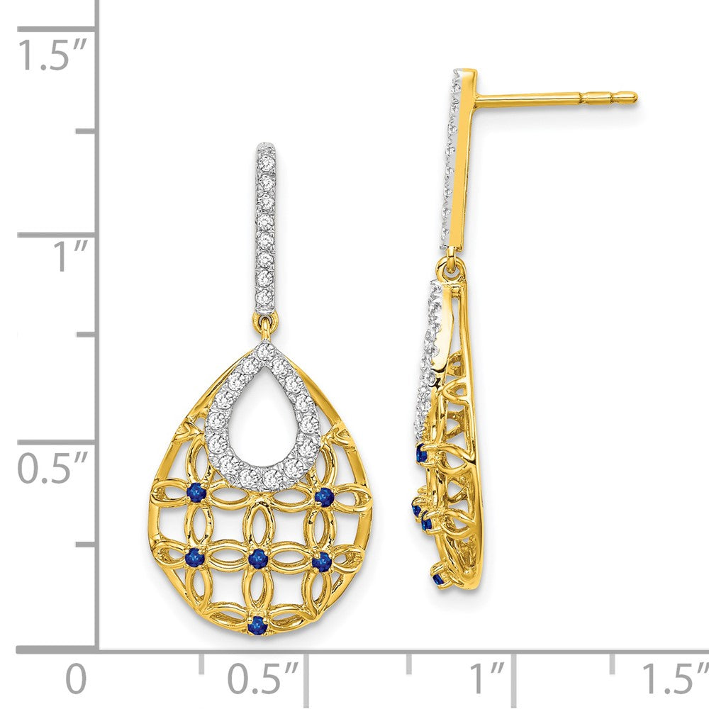 14k Yellow Gold Sapphire and Real Diamond Dangle Earrings