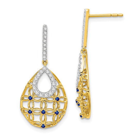Solid 14k Yellow Gold Simulated Sapphire and CZ Dangle Earrings