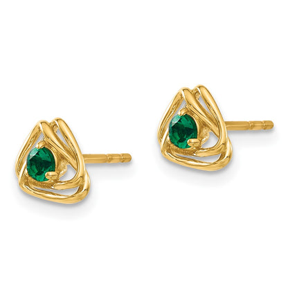 14k Yellow Gold Created Emerald Post Earrings