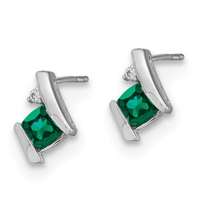 Sterling Silver Antique Cushion Cr. Emerald and Real Diamond Earrings