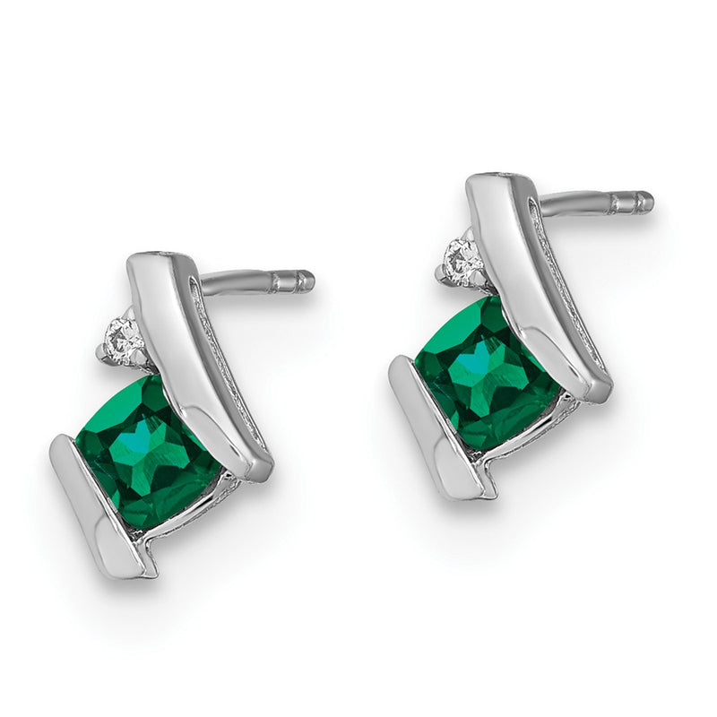 Sterling Silver Antique Cushion Cr. Emerald and Real Diamond Earrings