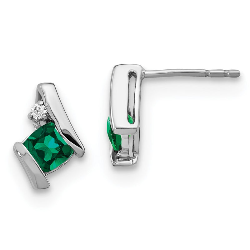 Sterling Silver Antique Cushion Cr. Emerald and Real Diamond Earrings