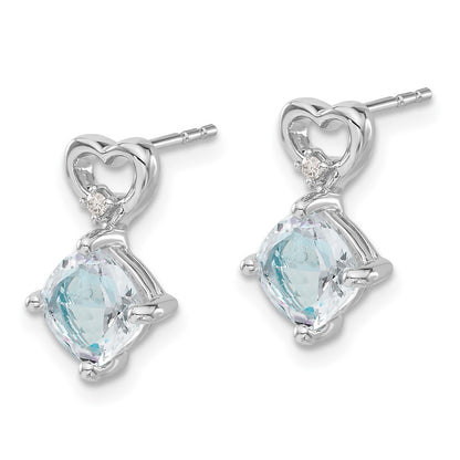 14k White Gold Aquamarine and Real Diamond Heart Earrings