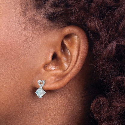 14k White Gold Aquamarine and Real Diamond Heart Earrings