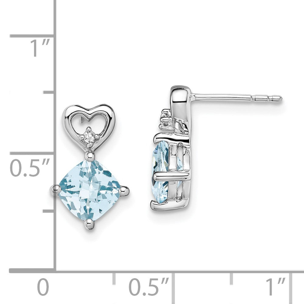 Solid 14k White Gold Simulated Aquamarine and CZ Heart Earrings
