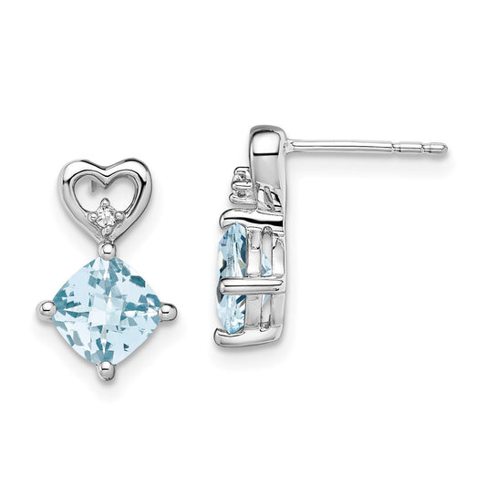 Solid 14k White Gold Simulated Aquamarine and CZ Heart Earrings