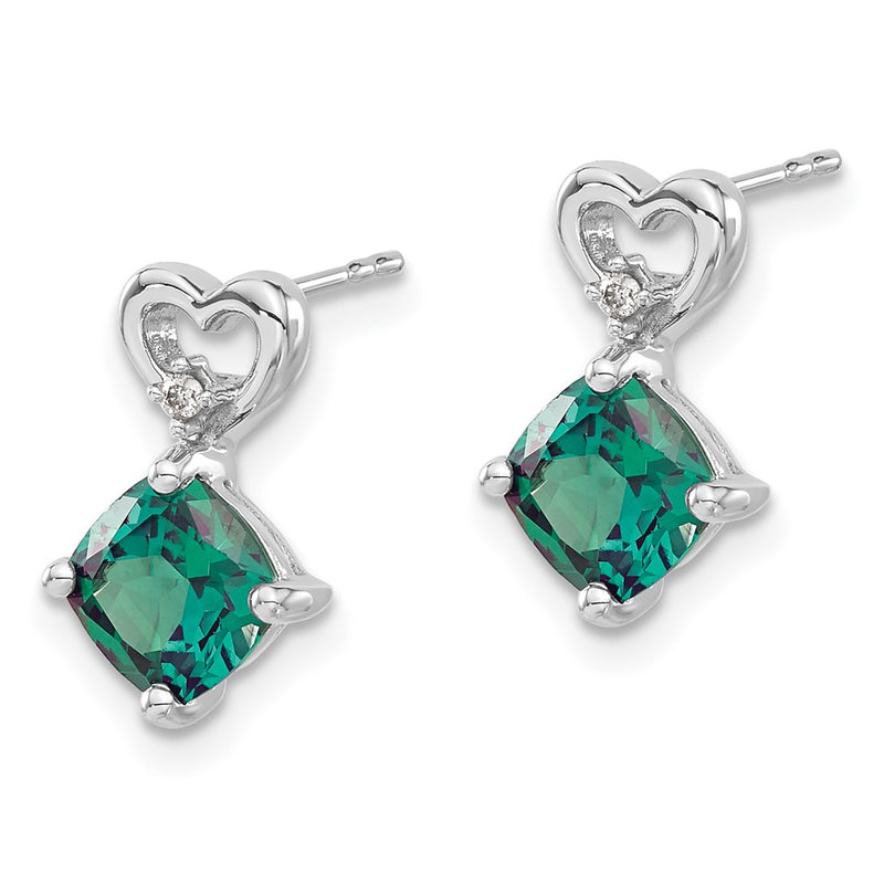 14k White Gold Created Alexandrite and Real Diamond Heart Earrings