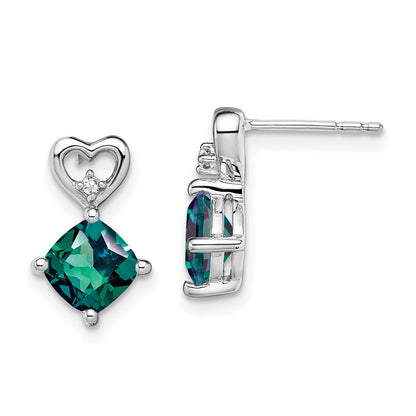 14k White Gold Created Alexandrite and Real Diamond Heart Earrings