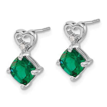 14k White Gold Created Emerald and Real Diamond Heart Earrings