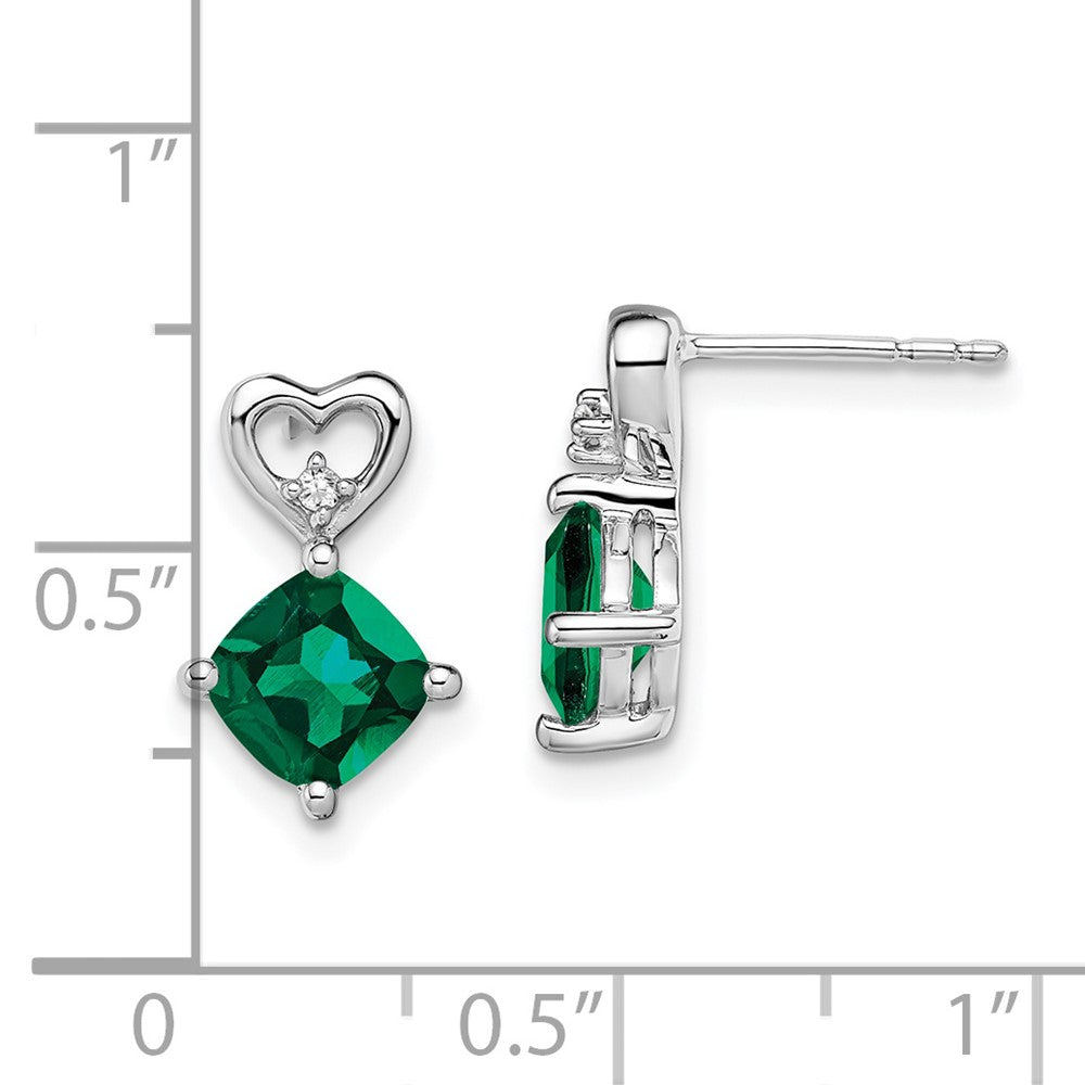 14k White Gold Created Emerald and Real Diamond Heart Earrings