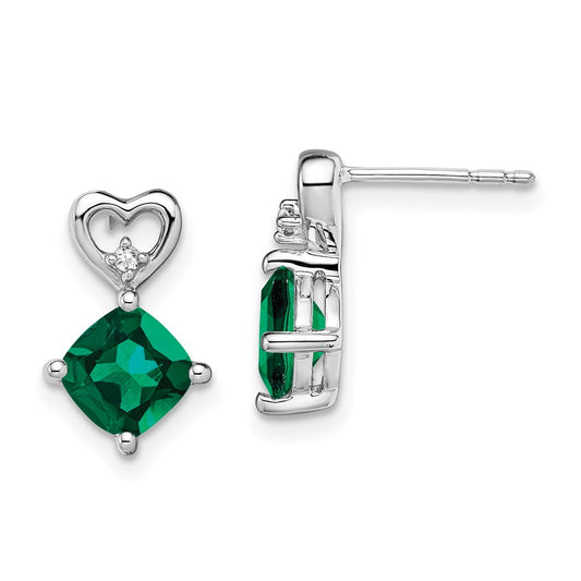 14k White Gold Created Emerald and Real Diamond Heart Earrings