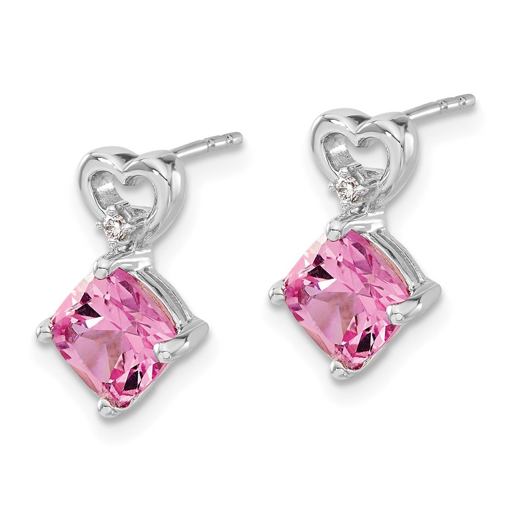 14k White Gold Created Pink Sapphire and Real Diamond Heart Earrings