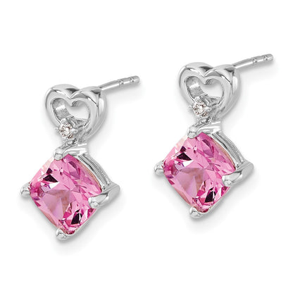 14k White Gold Created Pink Sapphire and Real Diamond Heart Earrings