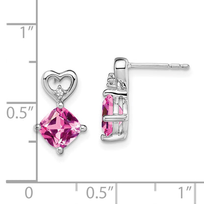 14k White Gold Created Pink Sapphire and Real Diamond Heart Earrings