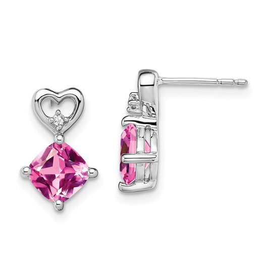 14k White Gold Created Pink Sapphire and Real Diamond Heart Earrings
