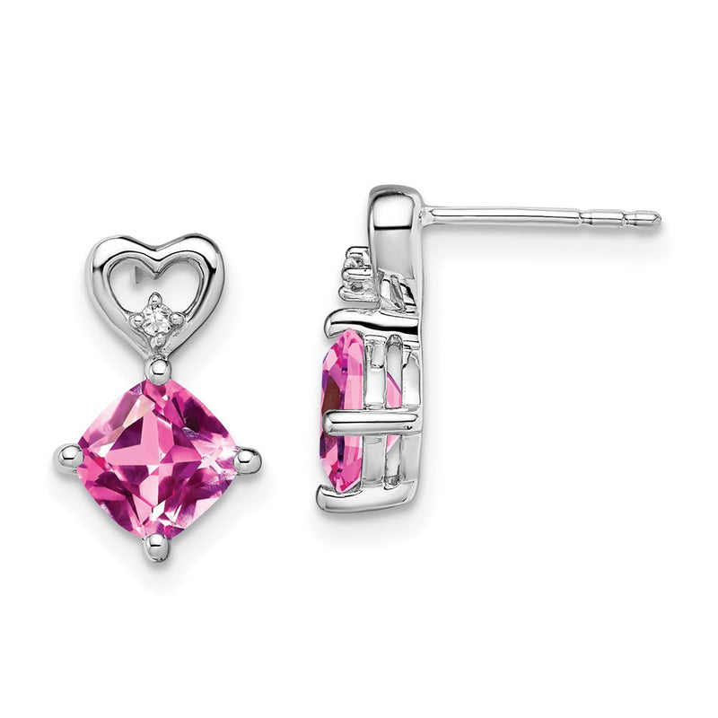 14k White Gold Created Pink Sapphire and Real Diamond Heart Earrings