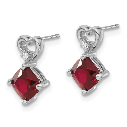 14k White Gold Created Ruby and Real Diamond Heart Earrings