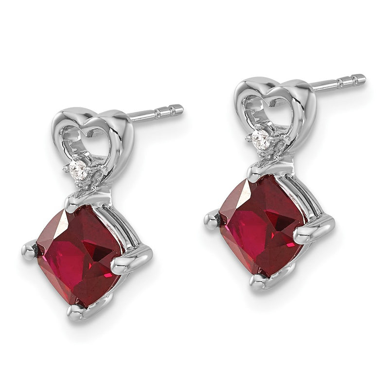 14k White Gold Created Ruby and Real Diamond Heart Earrings